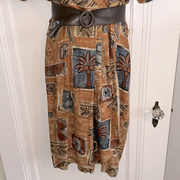 Vtg 80s/90s Positive Attitude Brown, Tan & Blue Wrap Look Tropical Print Dress - Picture 6 of 9